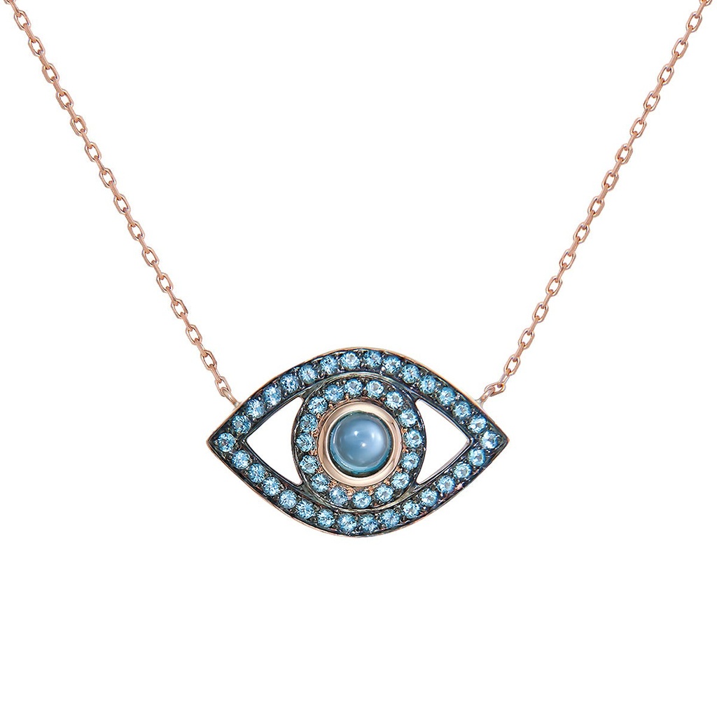 Rose Gold Eye Necklace Blue Topaz
