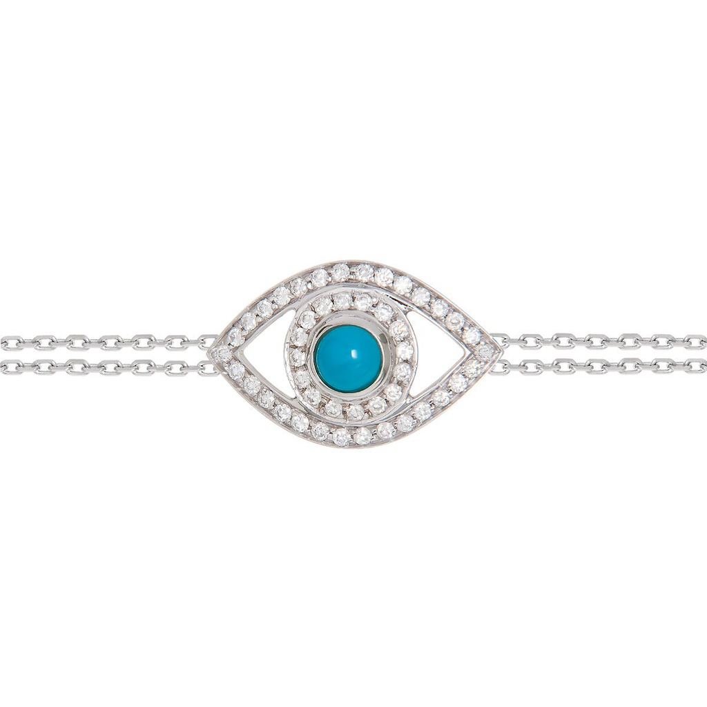 White Gold Eye Bracelet in White Diamonds on a Double Chain Turquoise