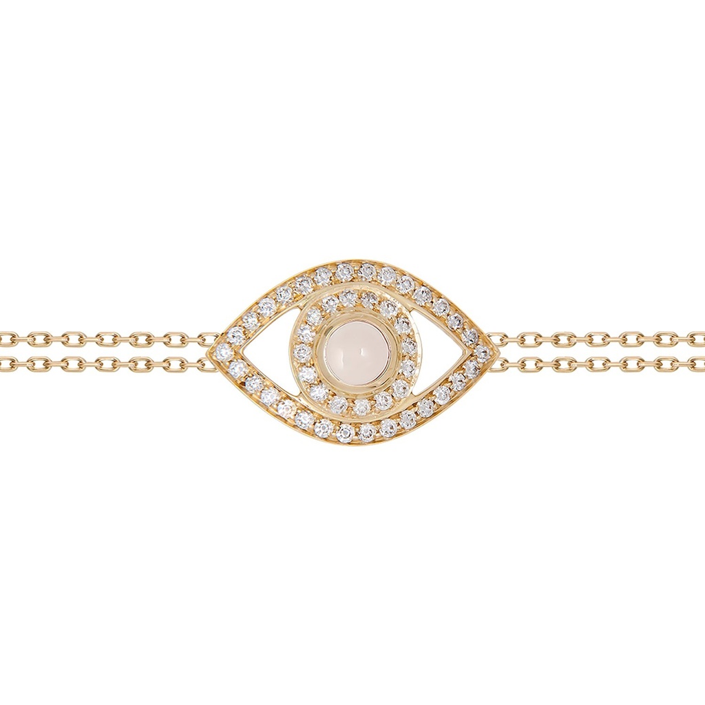 Yellow Gold Eye Bracelet in White Diamonds on a Double Chain
