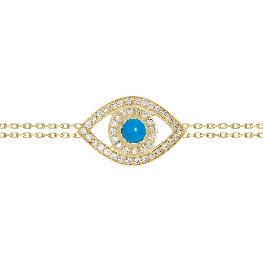 Yellow Gold Eye Bracelet in White Diamonds on a Double Chain Turquoise