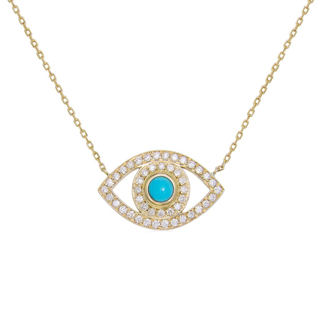 Yellow Gold Eye Necklace with White Diamonds Turquoise