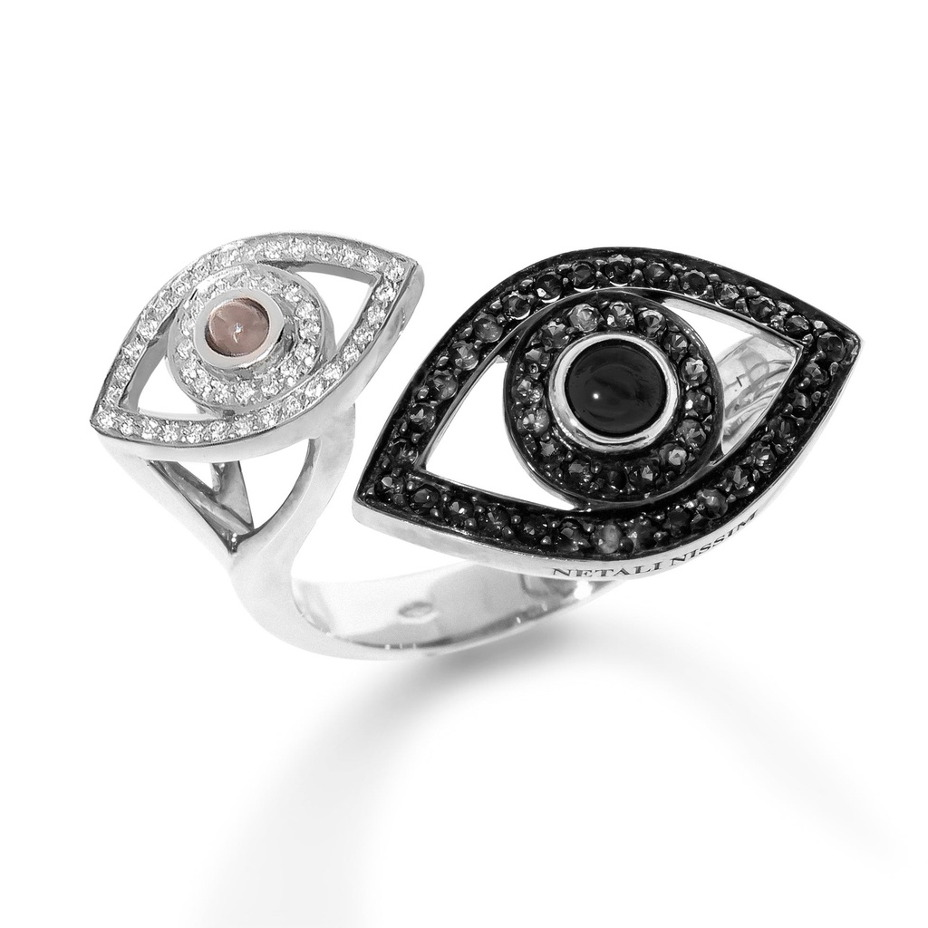 White Gold Double Eye Ring with Black and White Diamond