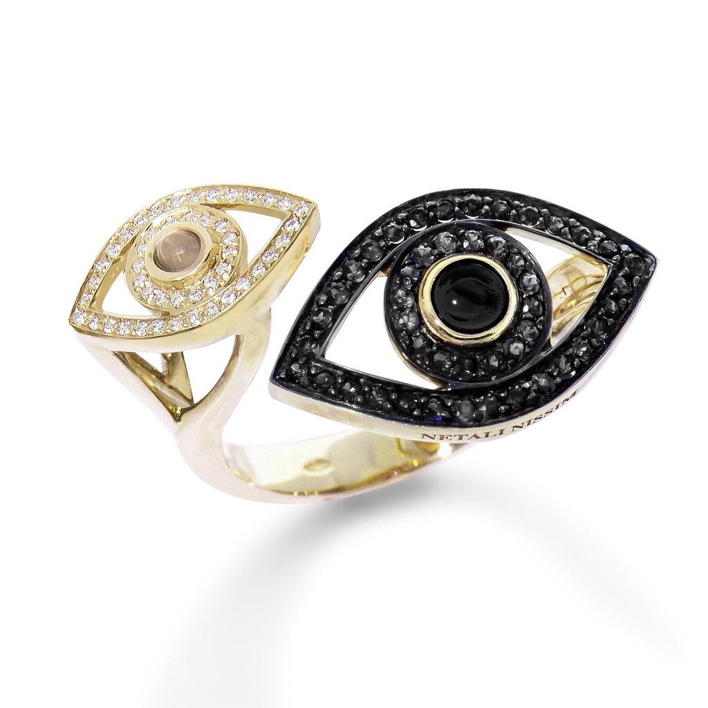 Yellow Gold Double Eye Ring with Black and White Diamonds Black Diamond