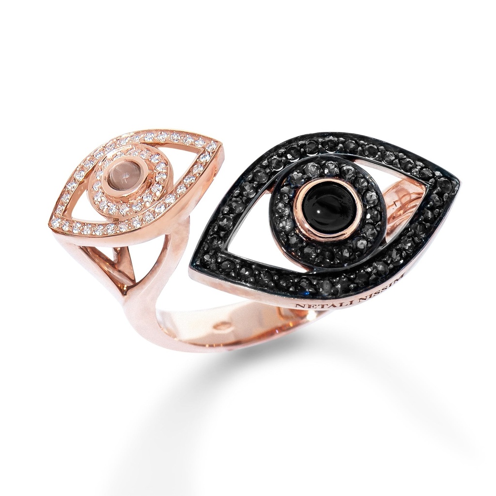 Rose Gold Double Eye Ring with Black and White Diamond