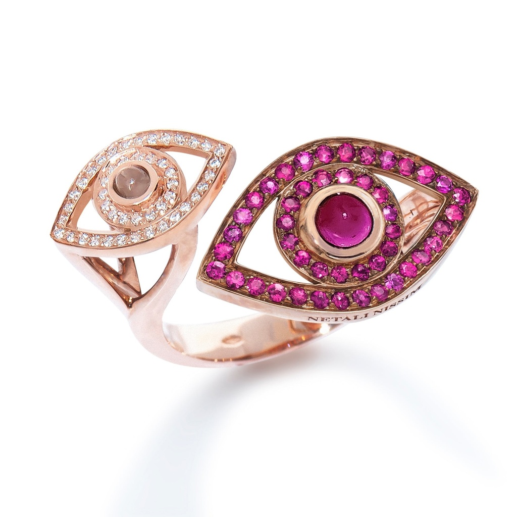 Rose Gold Double Eye Ring with Diamonds and Ruby