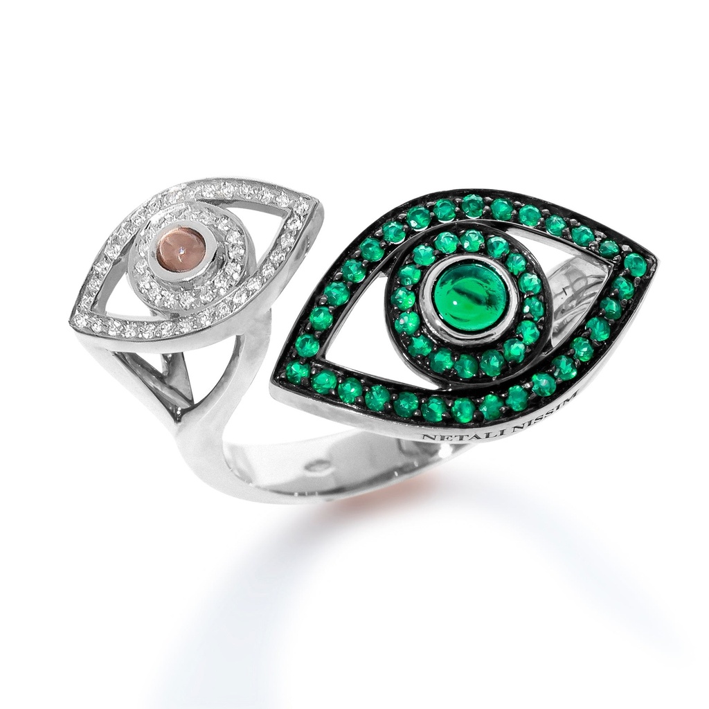 White Gold Double Eye Ring with Diamonds and Emerald