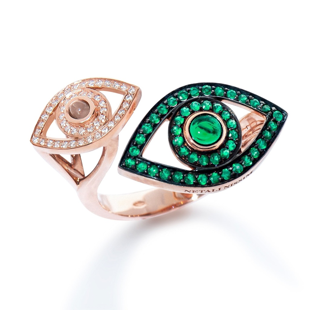 Rose Gold Double Eye Ring with Diamond and Emerald
