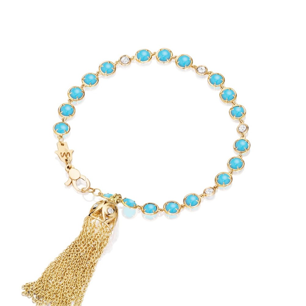 Yellow Gold Bazel Bracelet with Eye Tassel Turquoise