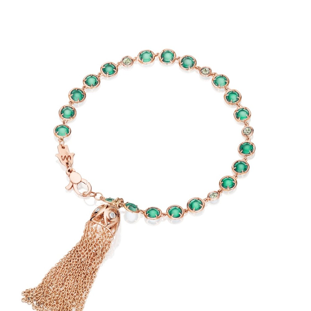 Rose Gold Bazel Bracelet with Eye Tassel Emerald