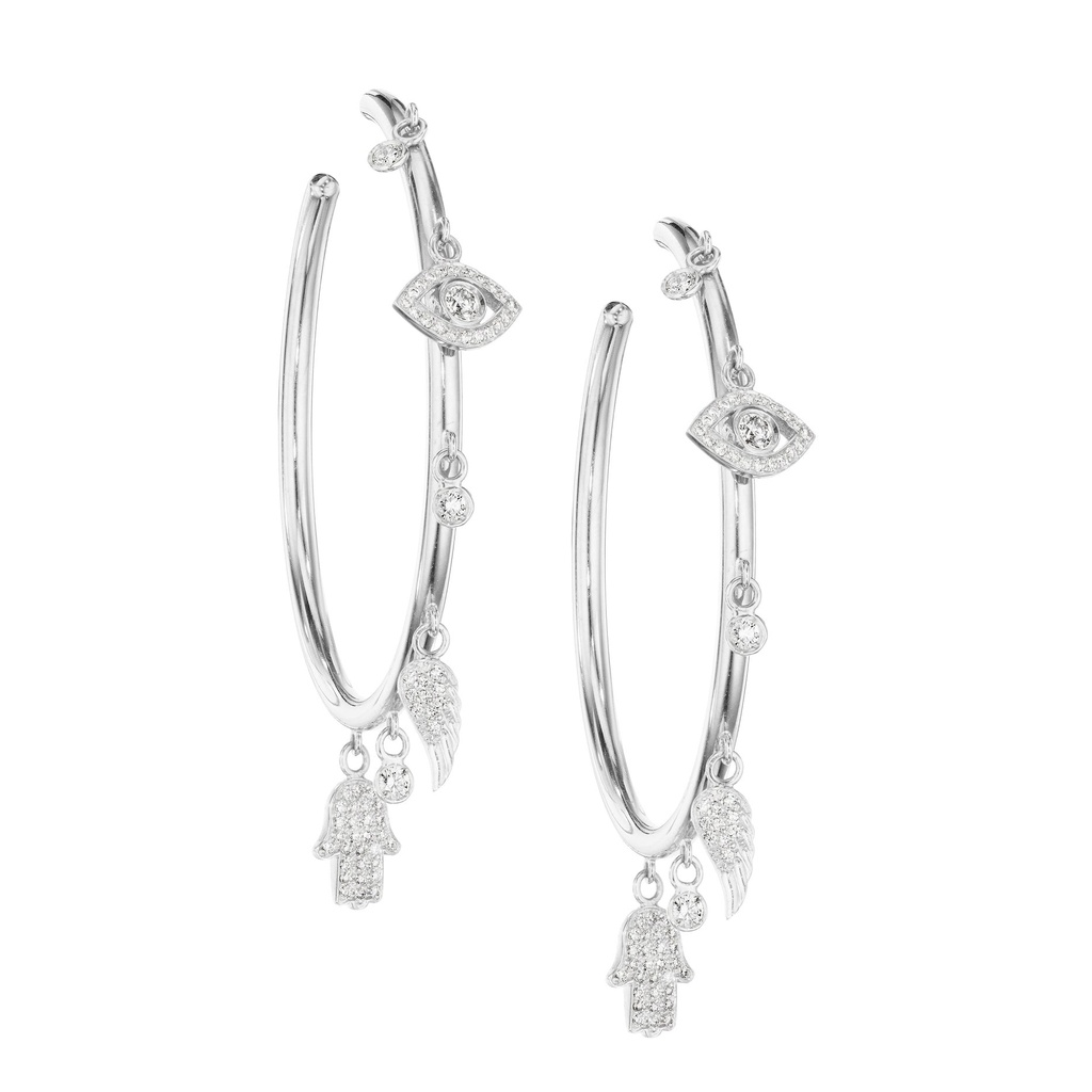 White Gold Multi Charms Hoop Earrings White Diamond