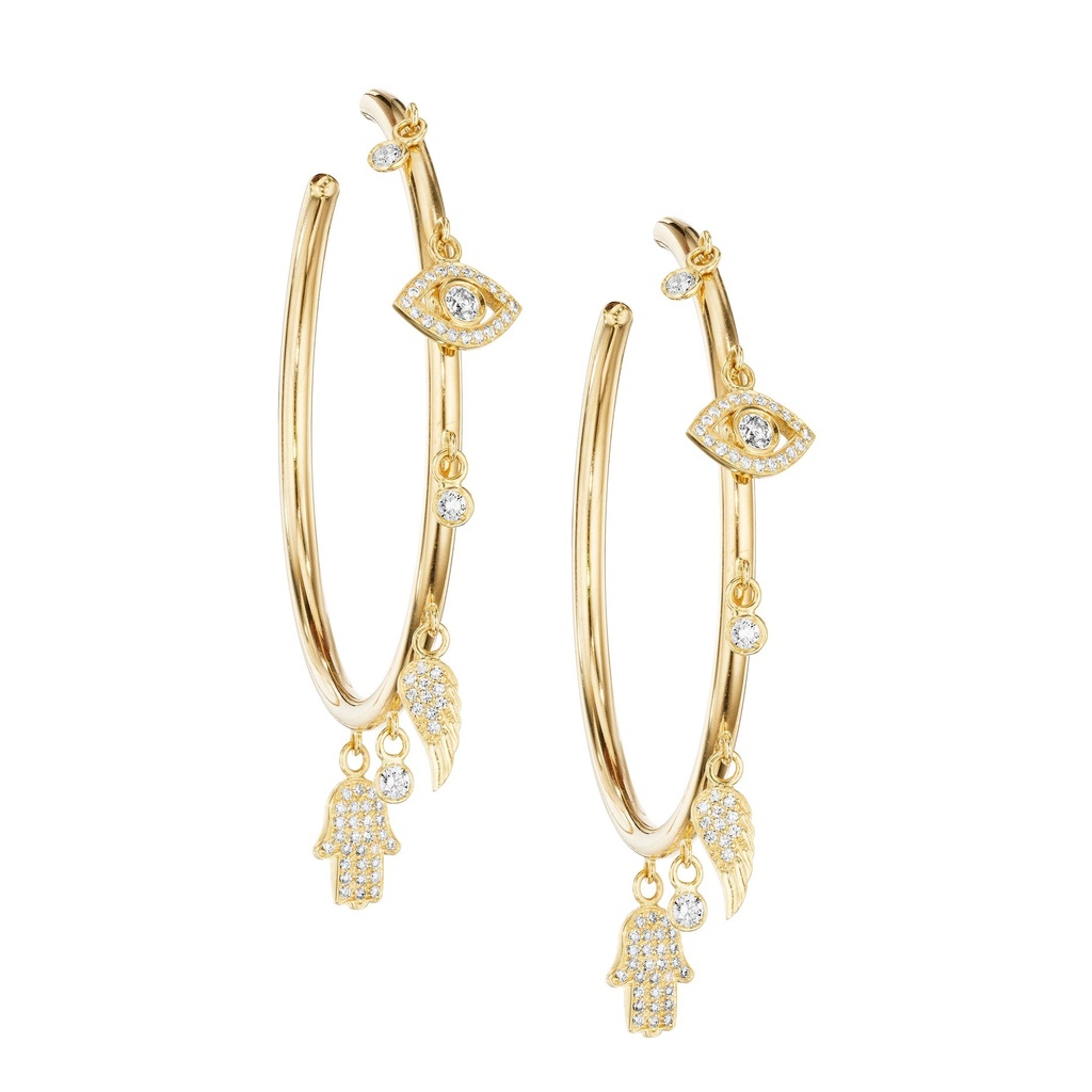 Yellow Gold Multi Charms Hoop Earrings White Diamond