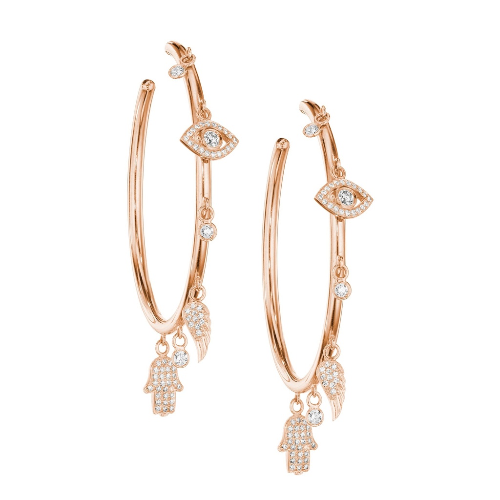 Rose Gold Multi Charms Hoop Earrings White Diamond