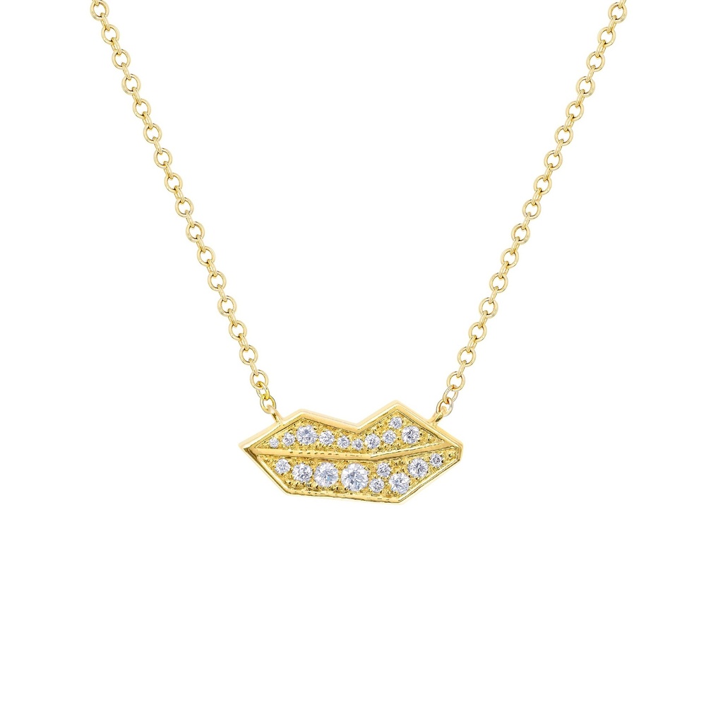 Yellow Gold Lips Necklace White Diamond