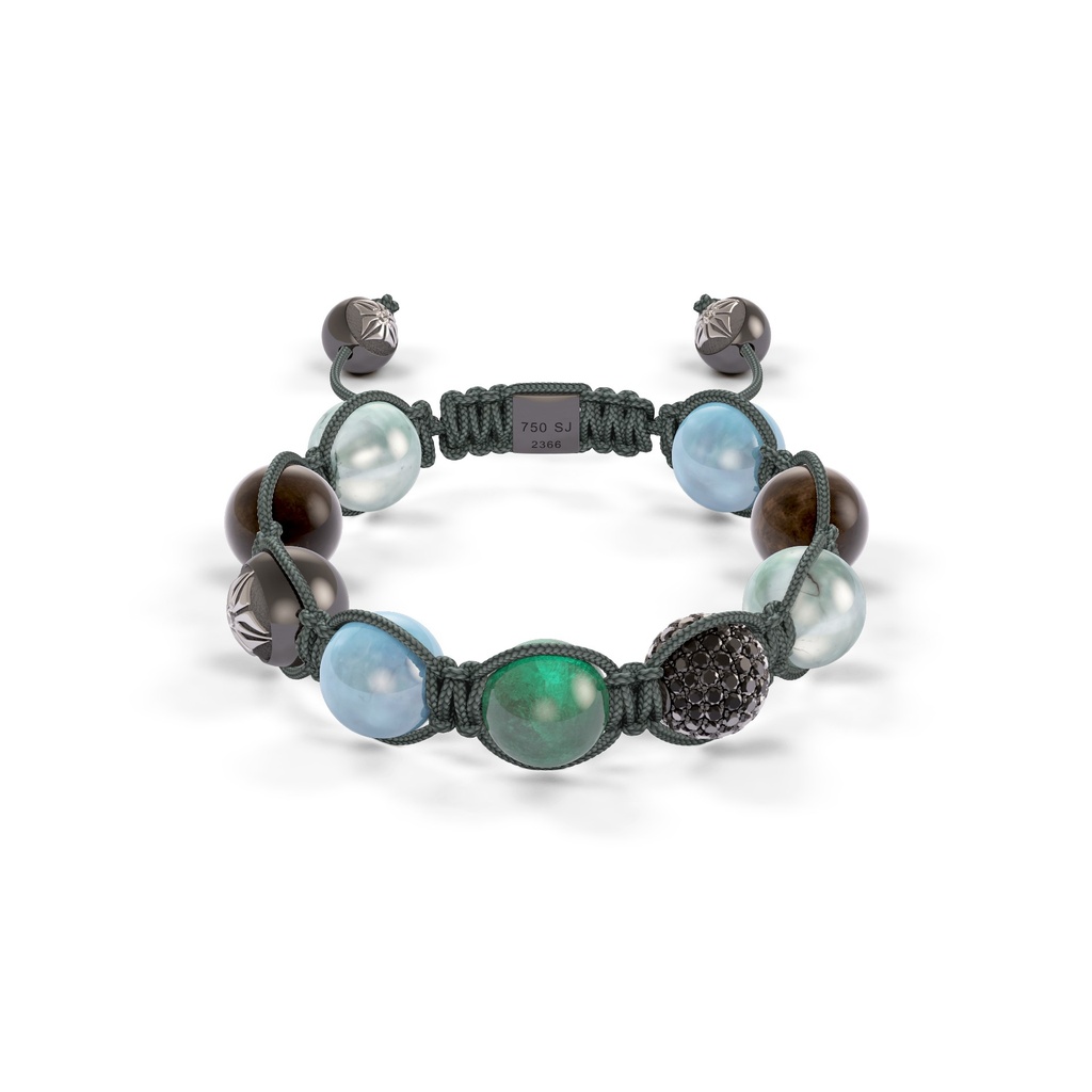 Shamballa Jewels White & Black Gold Diamond Sapphire Emerald & Aquamarine 10mm Braided Bead Bracelet