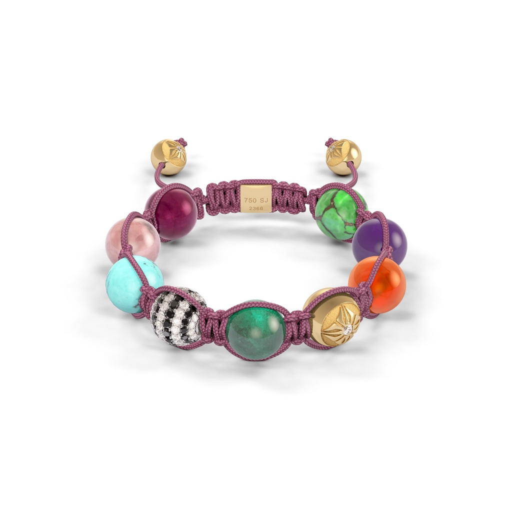 Shamballa Jewels White & Yellow Gold Diamond Sapphire Ruby Emerald Amethyst Turquoise Carnelian & Aquamarine 10mm Braided Bead Bracelet