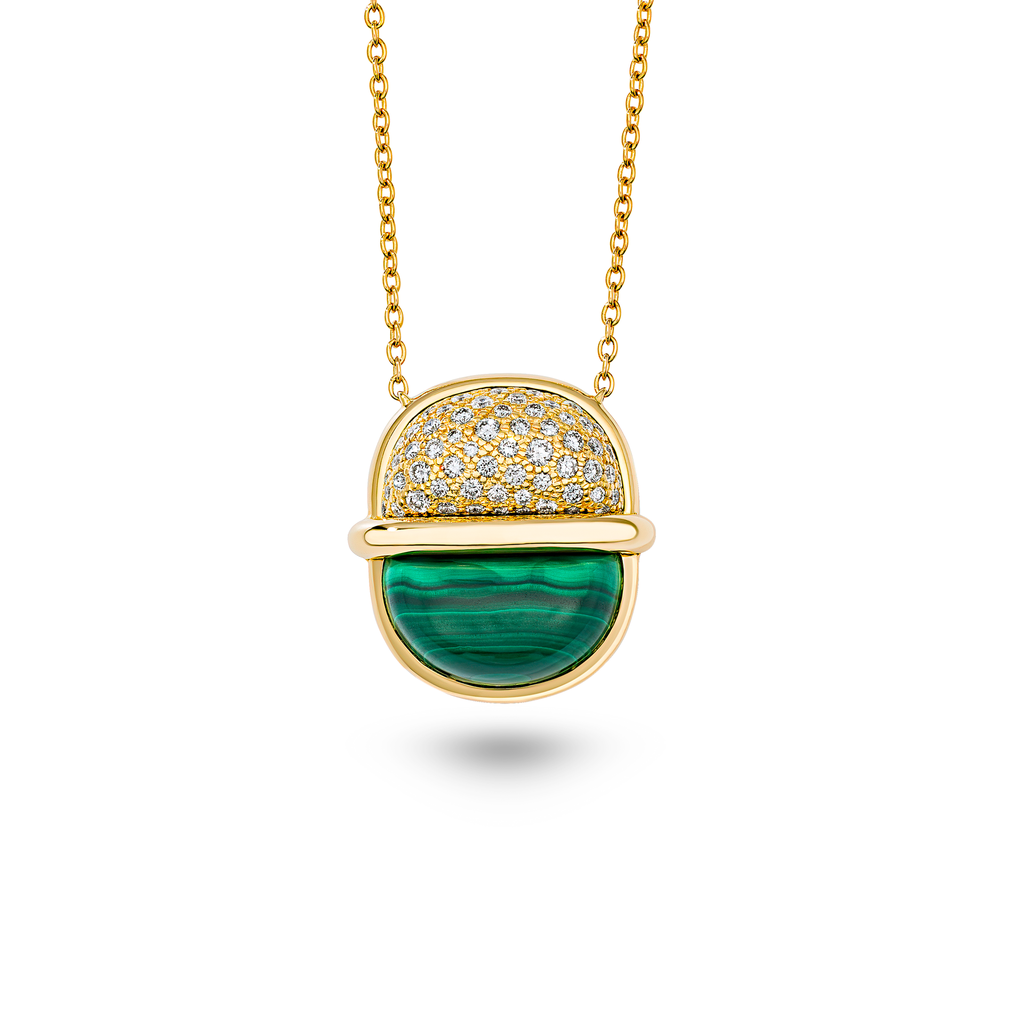 Amrita Small Round Necklace In Malachite With Diamonds