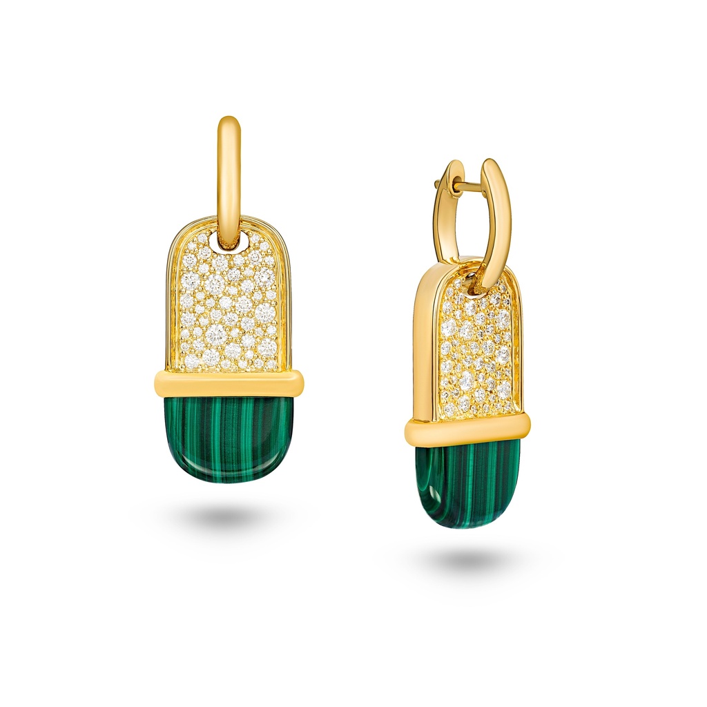 Amrita Small Tag Earrings In Malachite And Diamonds