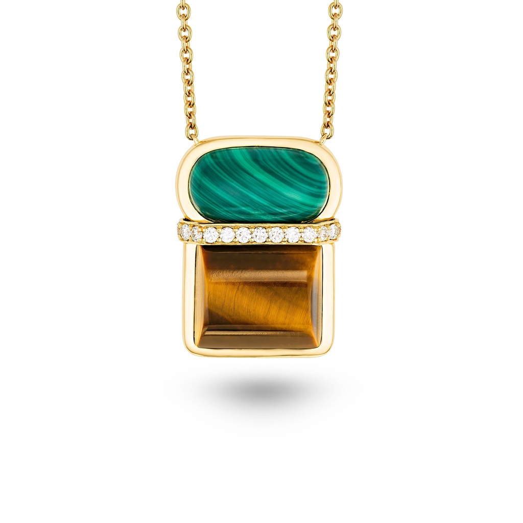 Amrita Square Necklace In Malachite And Tiger'S Eyes