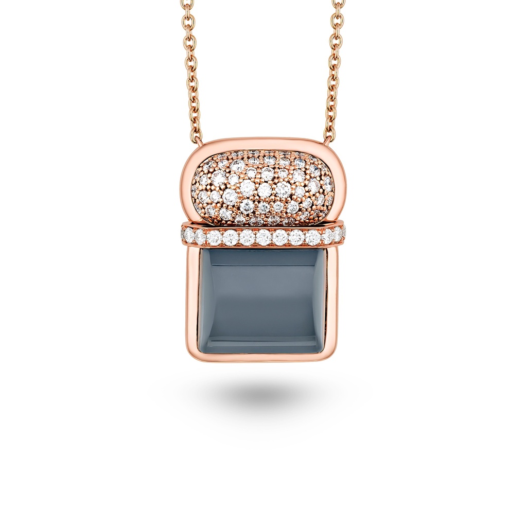 Amrita Square Duplet Necklace In Hematite, Milky Quartz And Diamonds