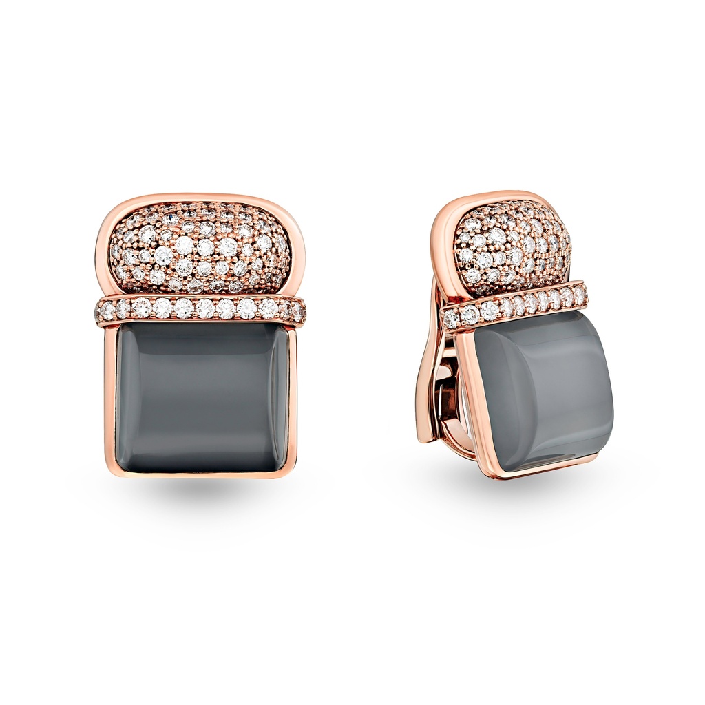 Amrita Square Duplet Earrings In Hematite, Milky Quartz, And Diamonds