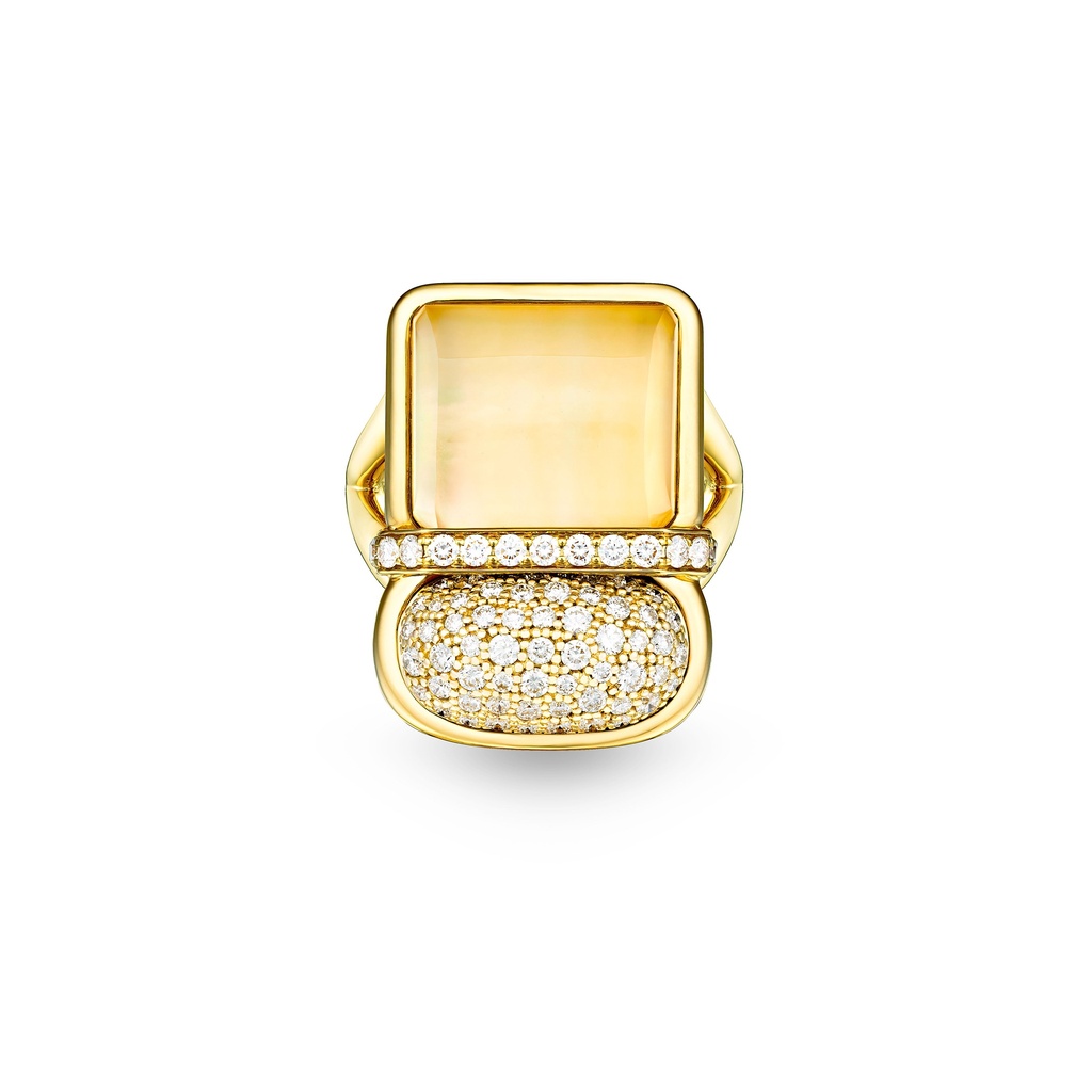 Amrita Square Duplet Ring In Yellow Mother Of Pearl, Citrine, And Diamonds