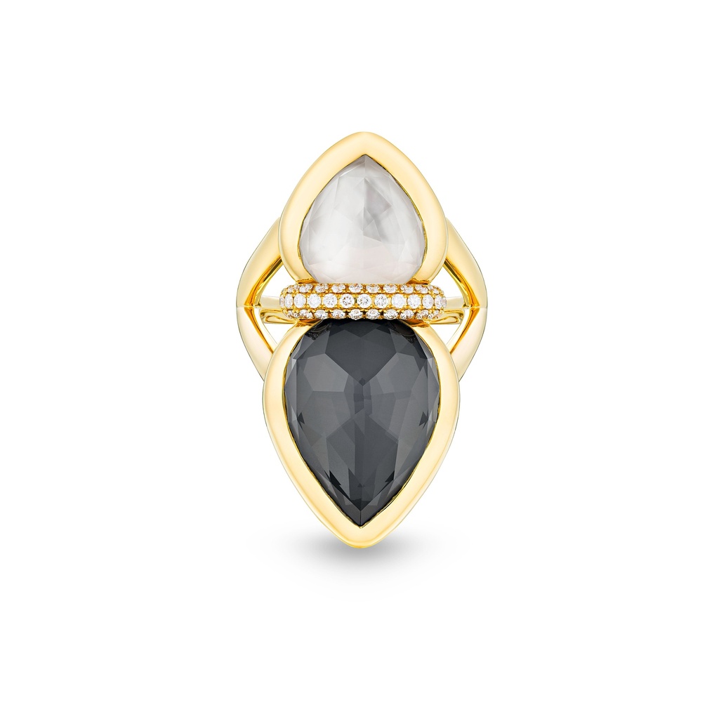 Amrita Lotus Duplet Ring In Mother Of Pearl, White And Milky Quartz