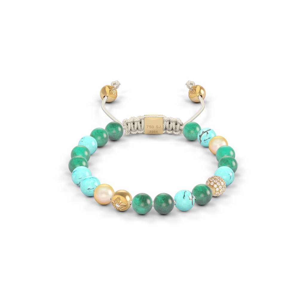 Shamballa Jewels Yellow Gold Diamond Emerald Pearl & Turquoise 6mm Non-Braided Bead Bracelet