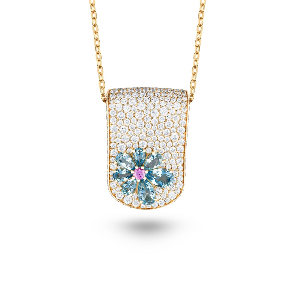Eden Diamond Necklace With Aquamarine And Pink Sapphire Flower