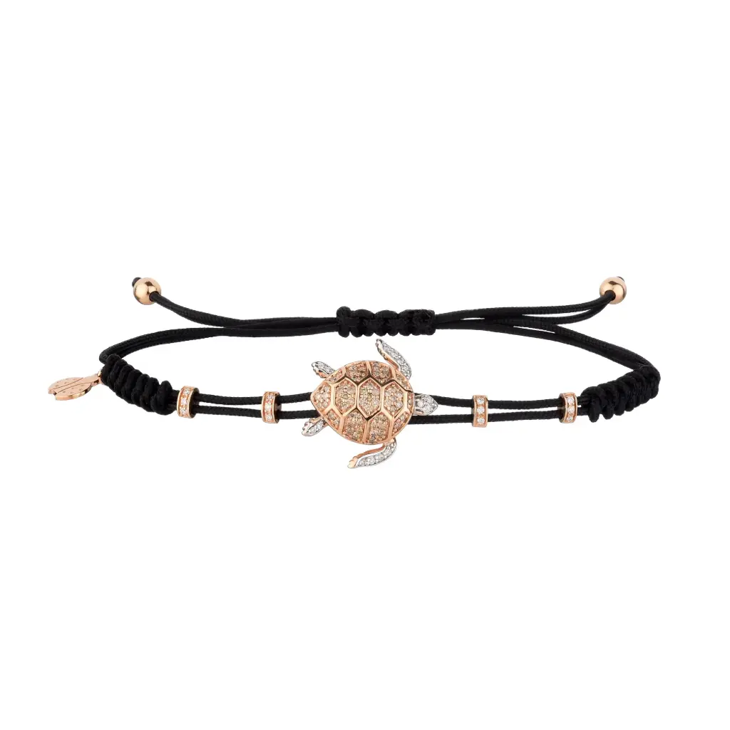 Rose Gold Turtle Cord Bracelet White and Brown Diamond