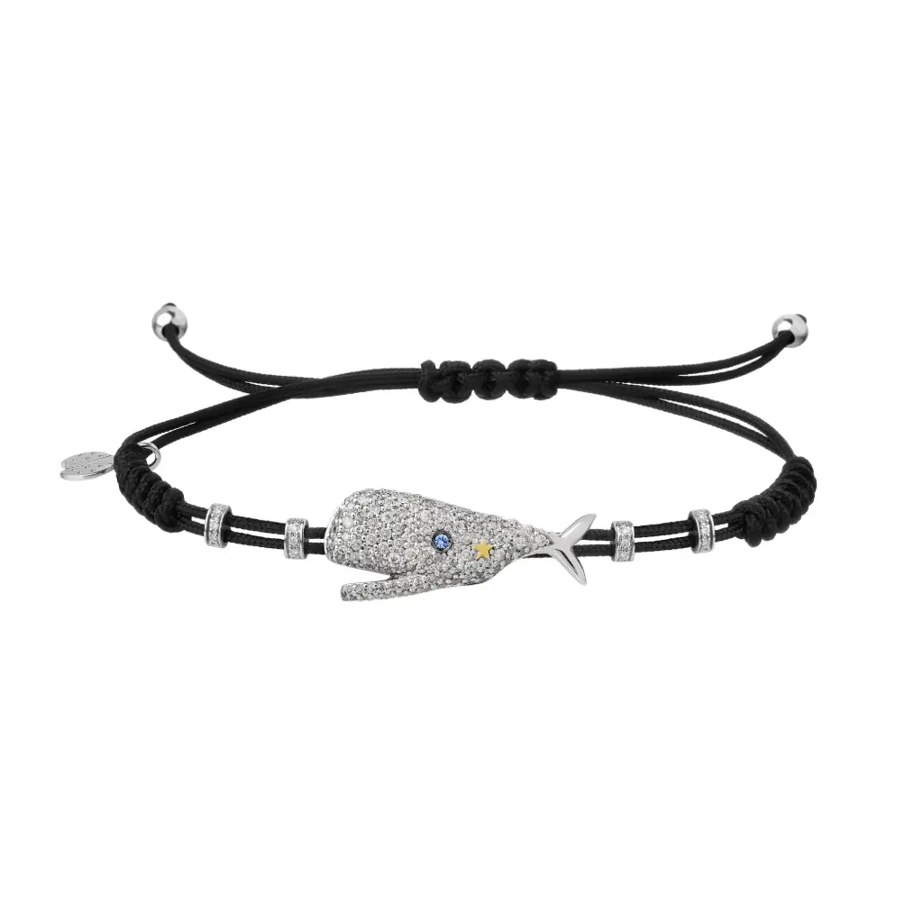White Gold Whale Cord Bracelet Blue Sapphire Grey Diamond