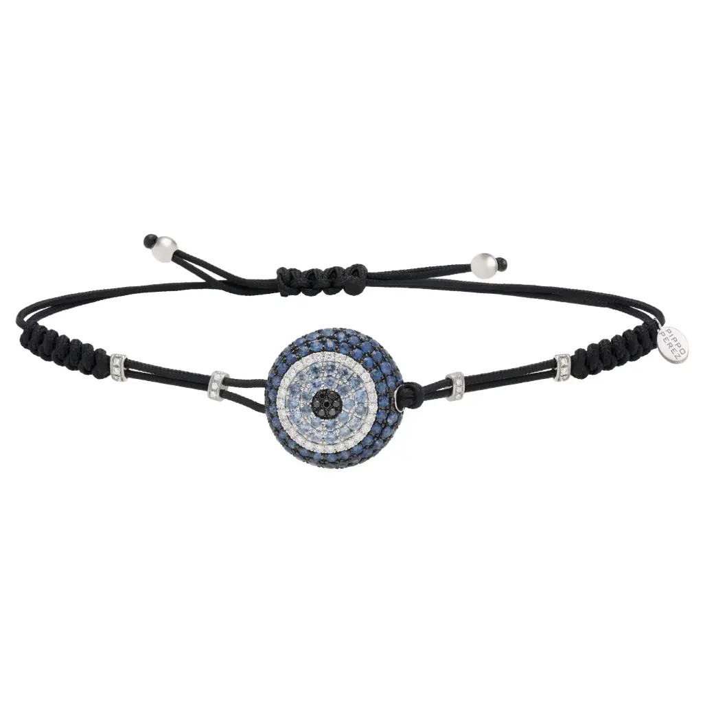 White Gold Evil Eye Cord Bracelet Diamond Blue Topaz Blue Sapphire