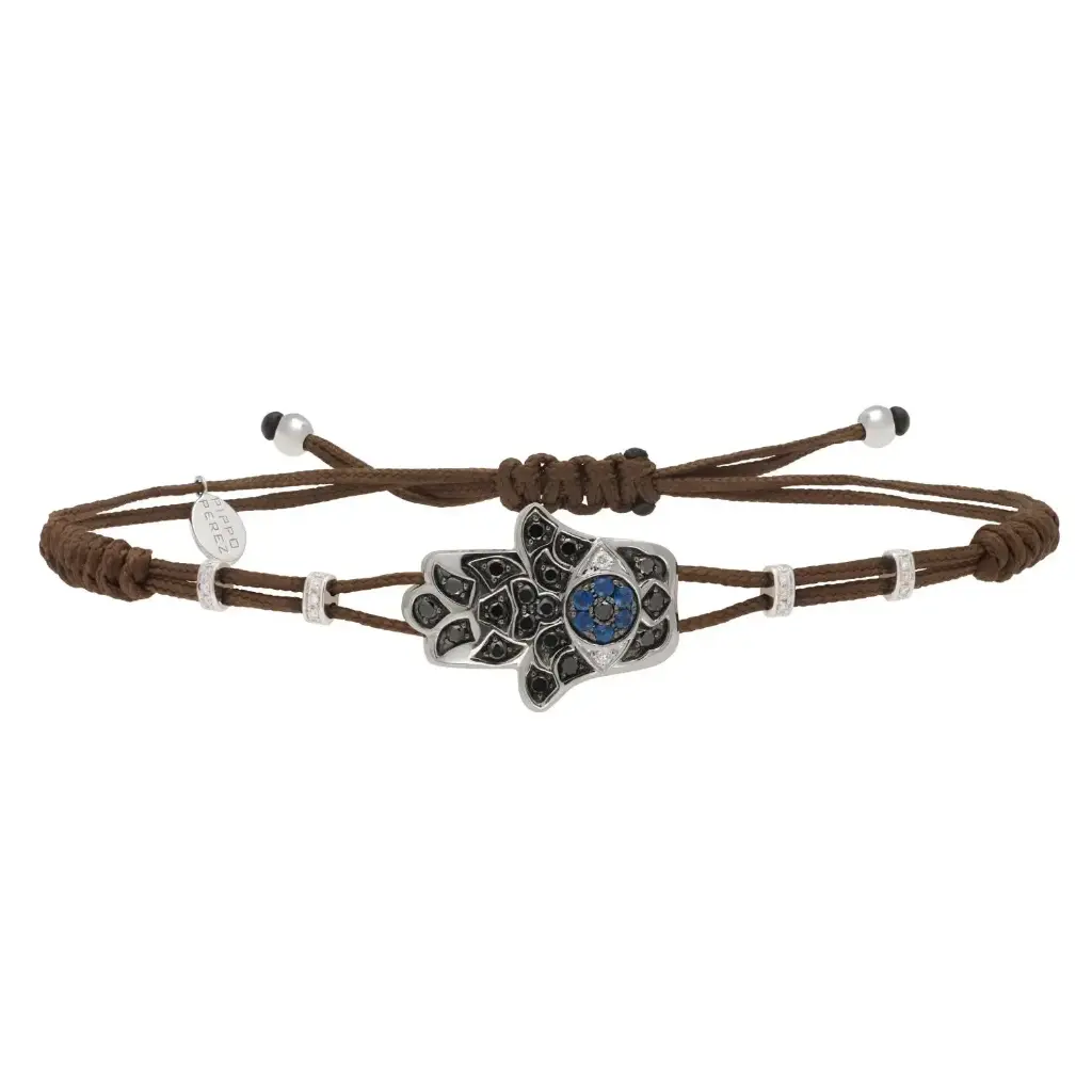 White Gold Hamsa Cord Bracelet White and Black Diamond