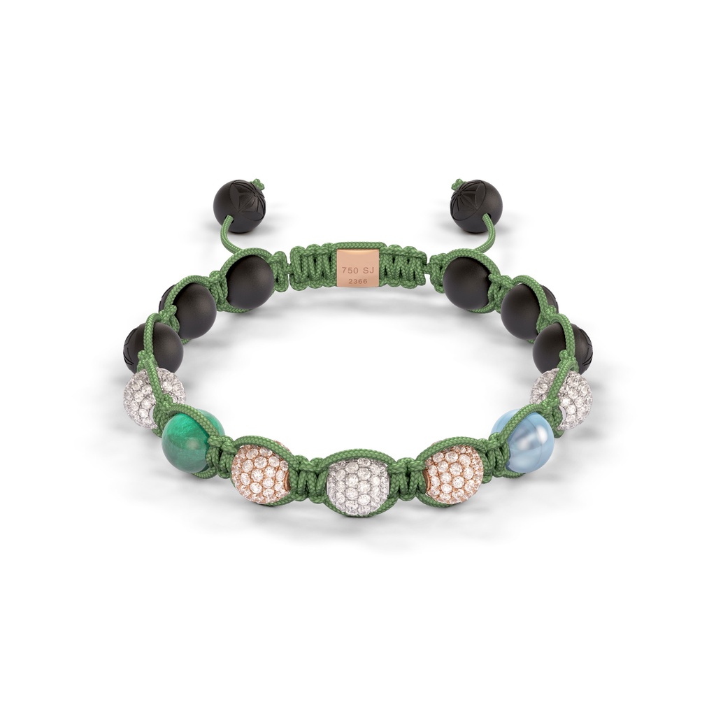 Shamballa Jewels White & Rose Gold Diamond Emerald & Aquamarine 8mm Braided Bead Bracelet