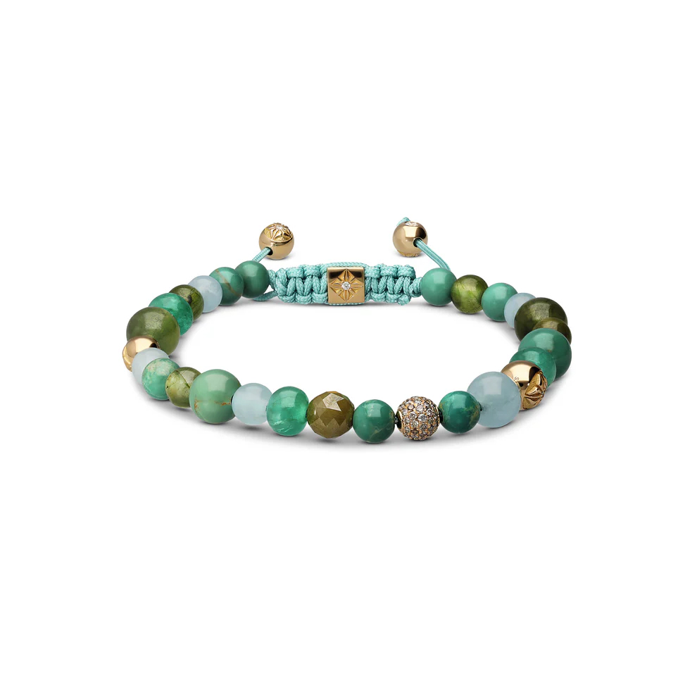 Shamballa Jewels Yellow Gold Diamond Sapphire Emerald Turquoise & Aquamarine Multisize Non-Braided Bead Bracelet