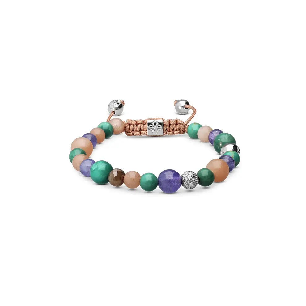 Shamballa Jewels White Gold Diamond Turquoise Tanzanite & Moonstone Multisize Non-Braided Bead Bracelet