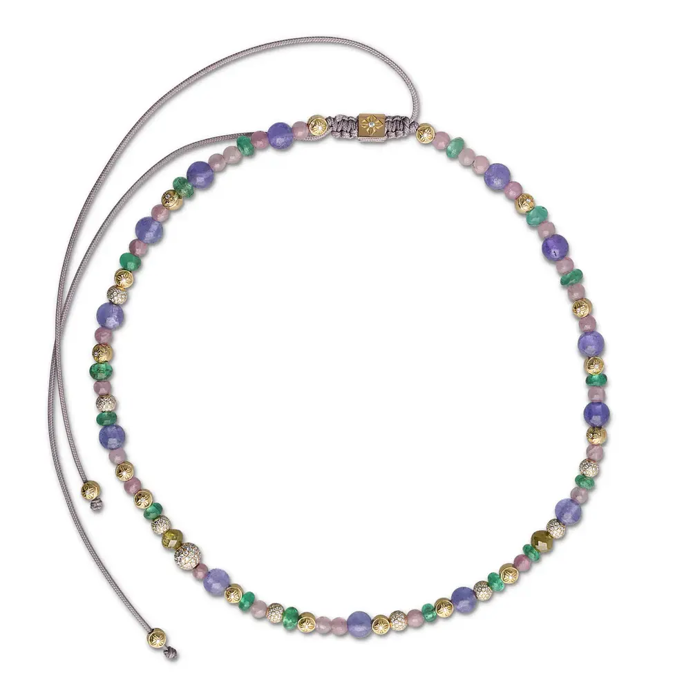 Shamballa Jewels - Yellow Gold White Diamond, Emerald, Tanzanite & Pink Sapphire Multisize Non-Braided Necklace