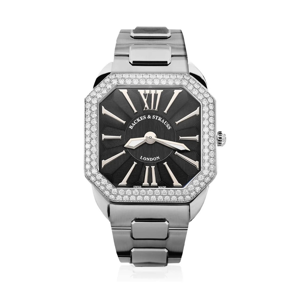 Berkeley W1 Stainless Steel Watch Black Dial With White Roman Numerals Diamond Bezel