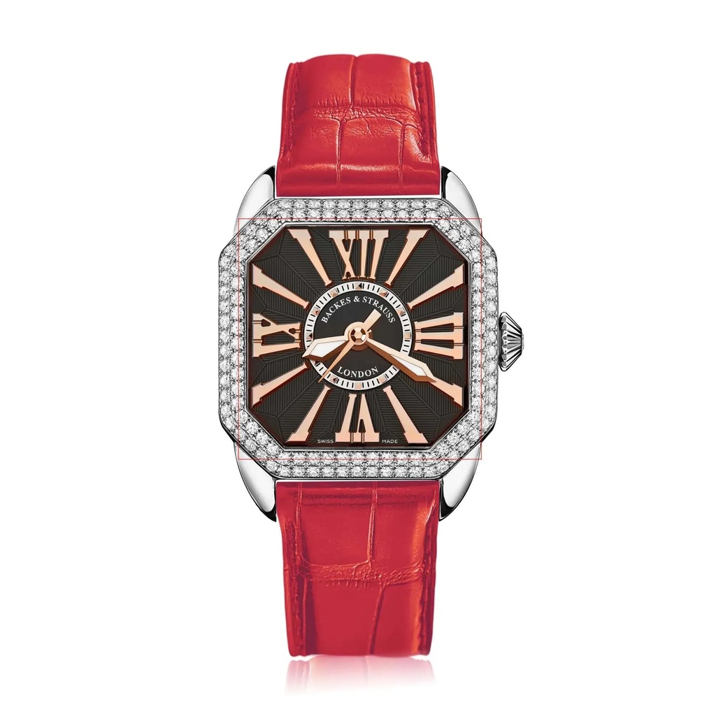 Berkeley 33 Stainless Steel Watch Black Dial With Rose Roman Markers Diamond Bezel