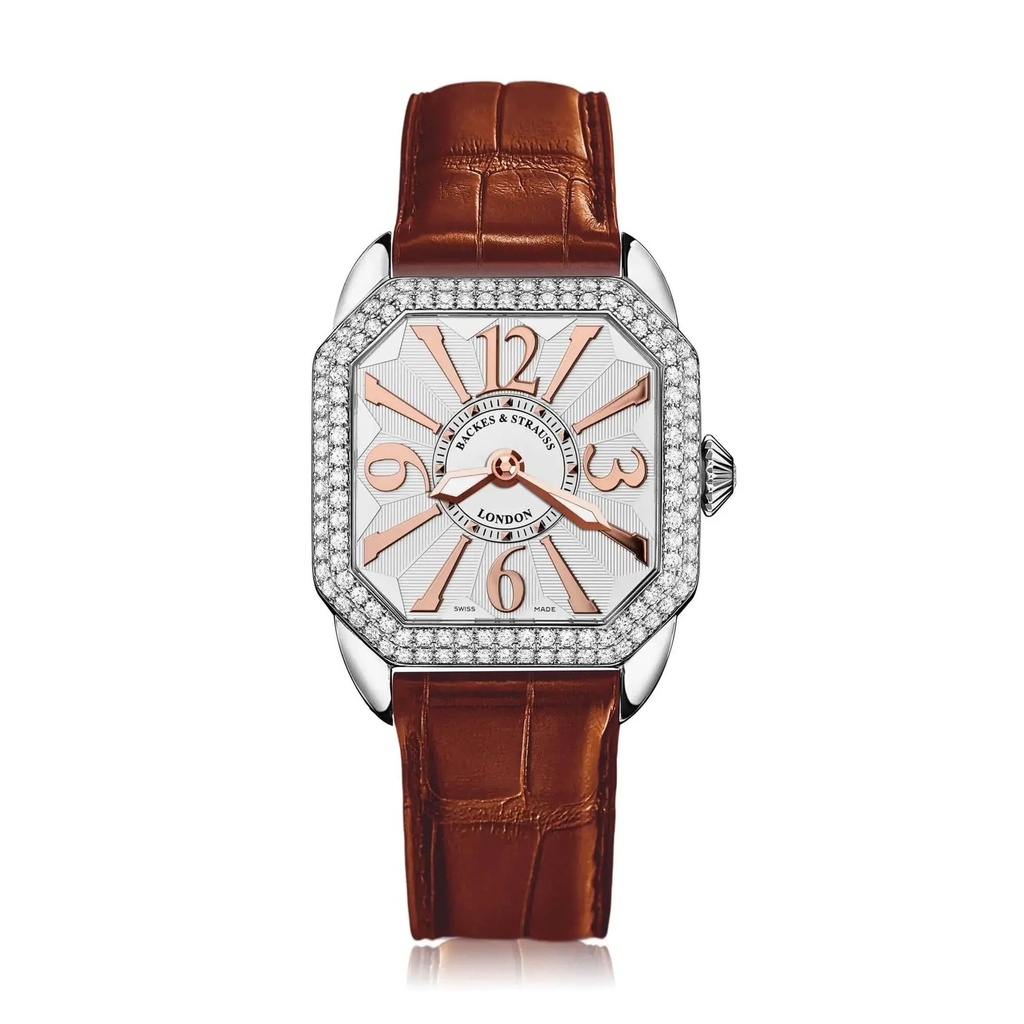 Berkeley 29 Stainless Steel Watch White Dial With Rose Arabic Markers Diamond Bezel