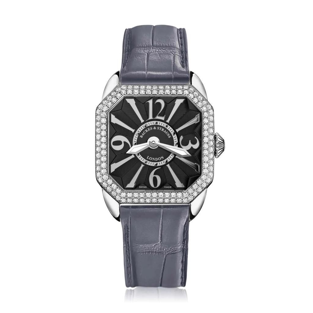 Berkeley 29 Stainless Steel Watch Black Dial With White Arabic Markers Diamond Bezel