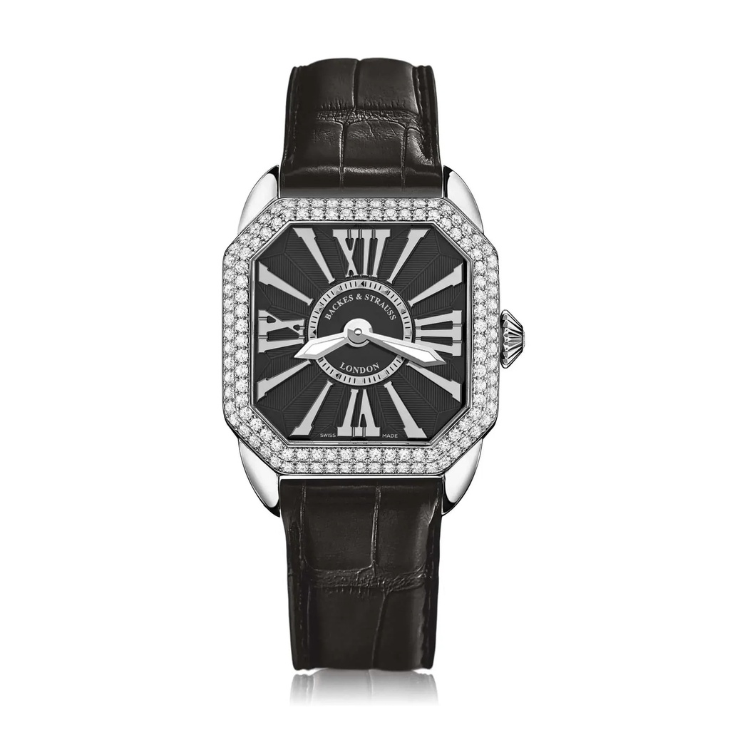 Berkeley 29 Stainless Steel Watch Black Dial With White Roman Markers Diamond Bezel