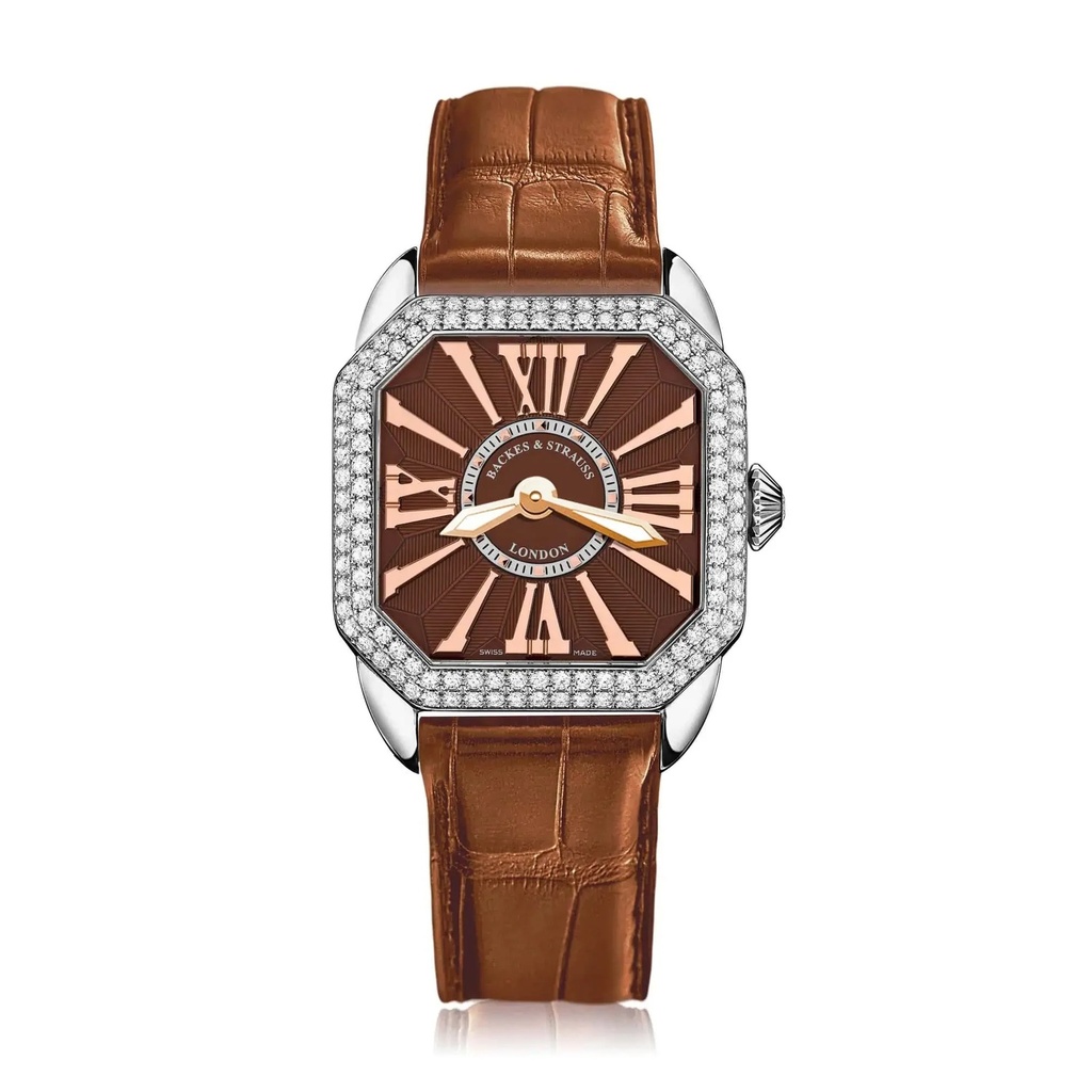Berkeley 29 Stainless Steel Watch Brown Dial With Rose Roman Markers Diamond Bezel