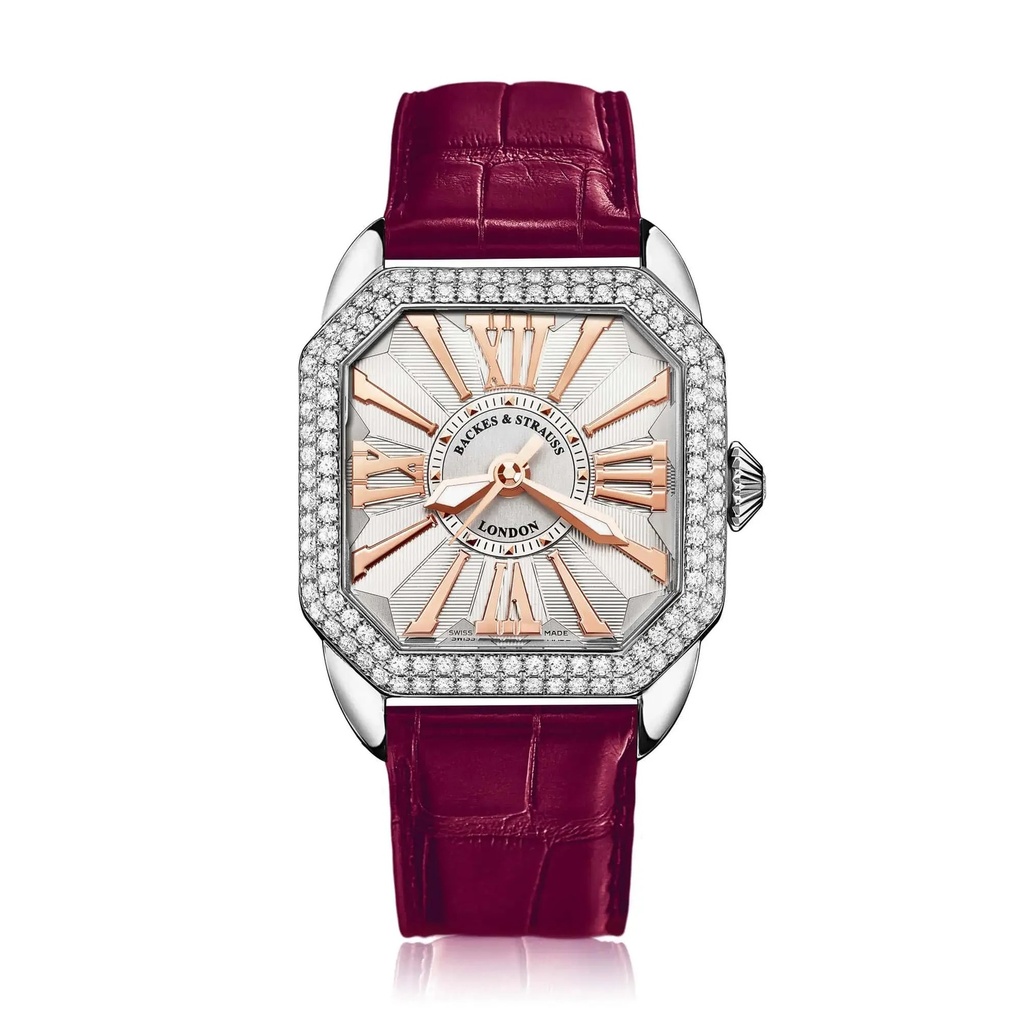 Berkeley 37 Stainless Steel Watch White Dial With Rose Roman Markers Diamond Bezel