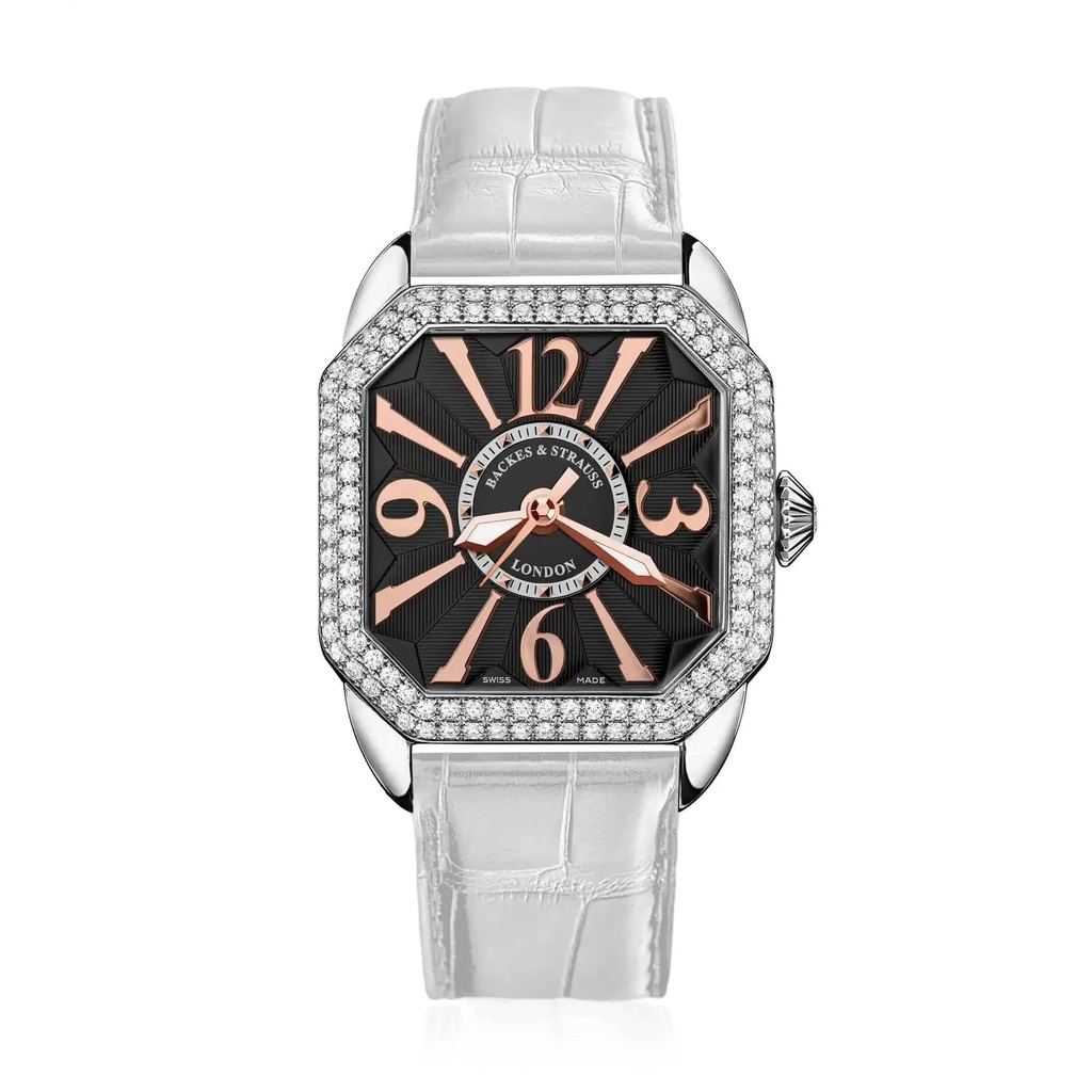 Berkeley 37 Stainless Steel Watch Black Dial With Rose Arabic Markers Diamond Bezel
