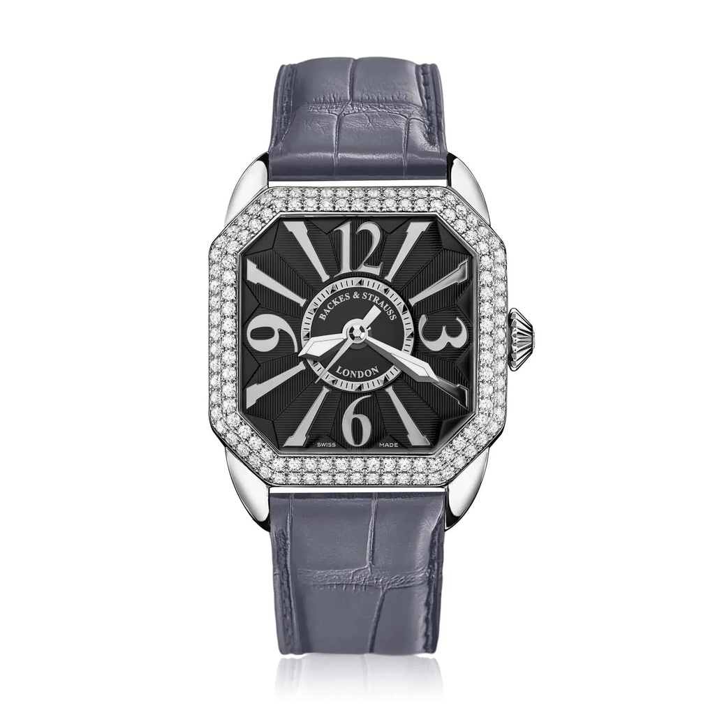Berkeley 37 Stainless Steel Watch Black Dial With White Arabic Markers Diamond Bezel