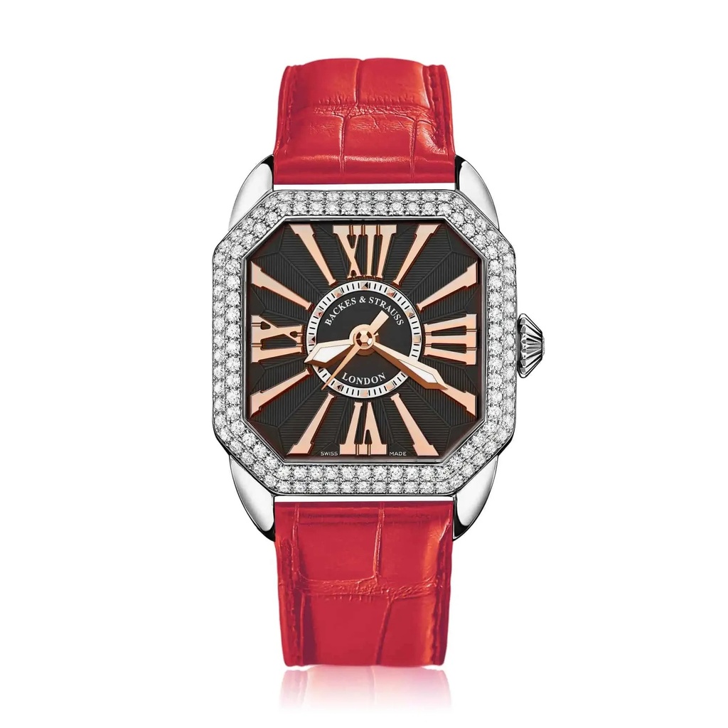 Berkeley 37 Stainless Steel Watch Black Dial With Rose Roman Markers Diamond Bezel