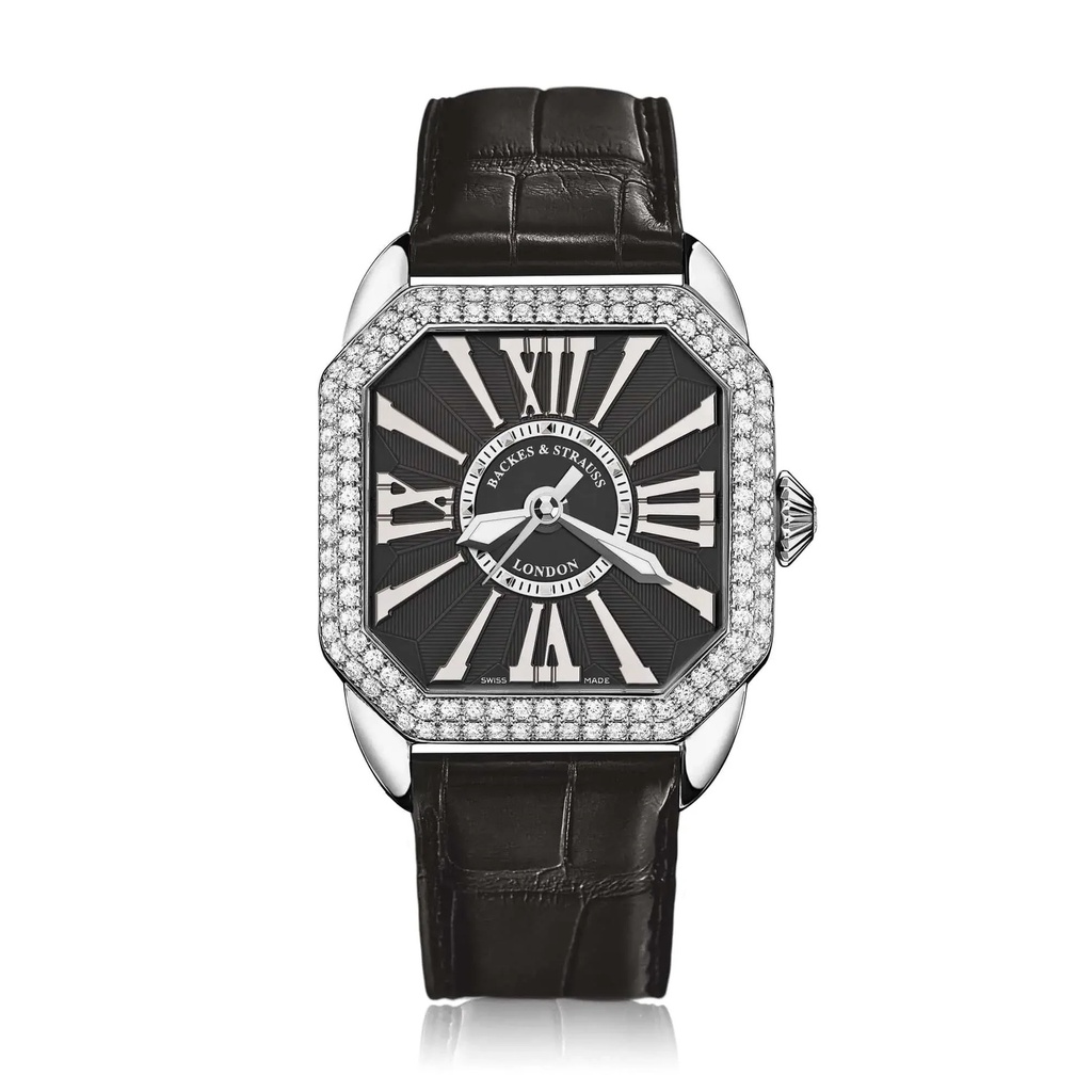 Berkeley 37 Stainless Steel Watch Black Dial With White Roman Markers Diamond Bezel