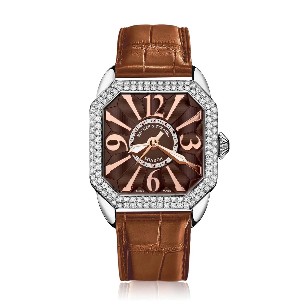 Berkeley 37 Stainless Steel Watch Brown Dial With Rose Arabic Markers Diamond Bezel