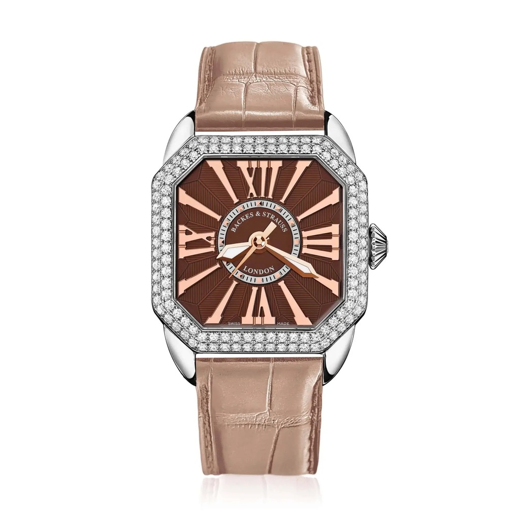 Berkeley 37 Stainless Steel Watch Brown Dial With Rose Roman Markers Diamond Bezel