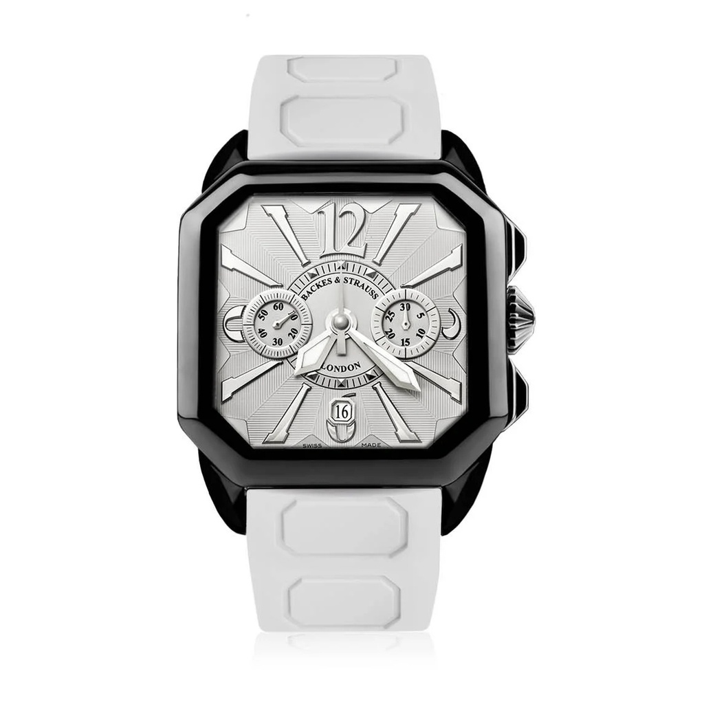 Berkeley Black Steel Watch White Chronograph Dial With White Rubber Strap Markers